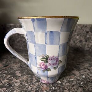 Authentic MacKenzie-Childs Blue Checkered Mug with Floral Design